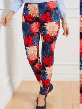 Talbots petites size 12p Floral Print Red & Navy Slim Ponte Chatham ankle Pants